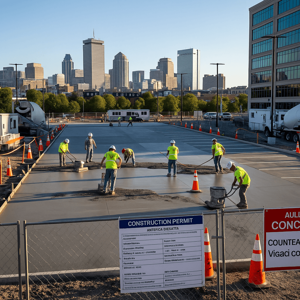 Commercial concrete services provided by Boston Concrete Work, including large scale foundation and flatwork for a business property in downtown Boston, MA
